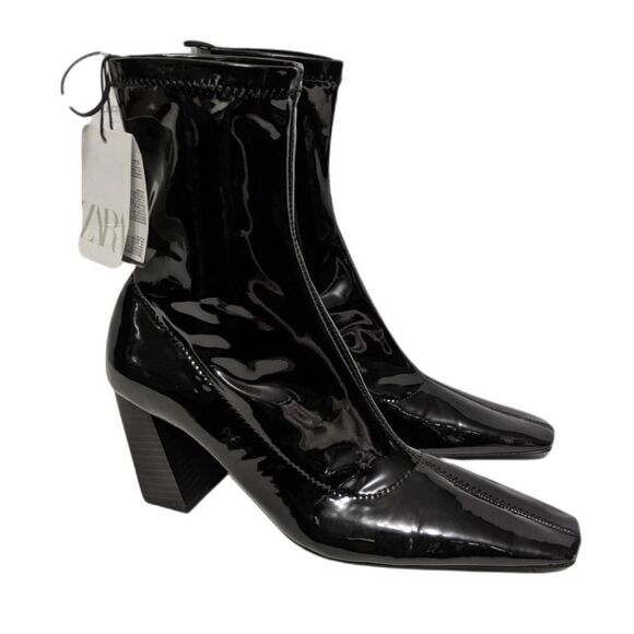 NWT ZARA Patent Angled Heel Stretch Sock Ankle Boots 38 - Picture 7 of 7